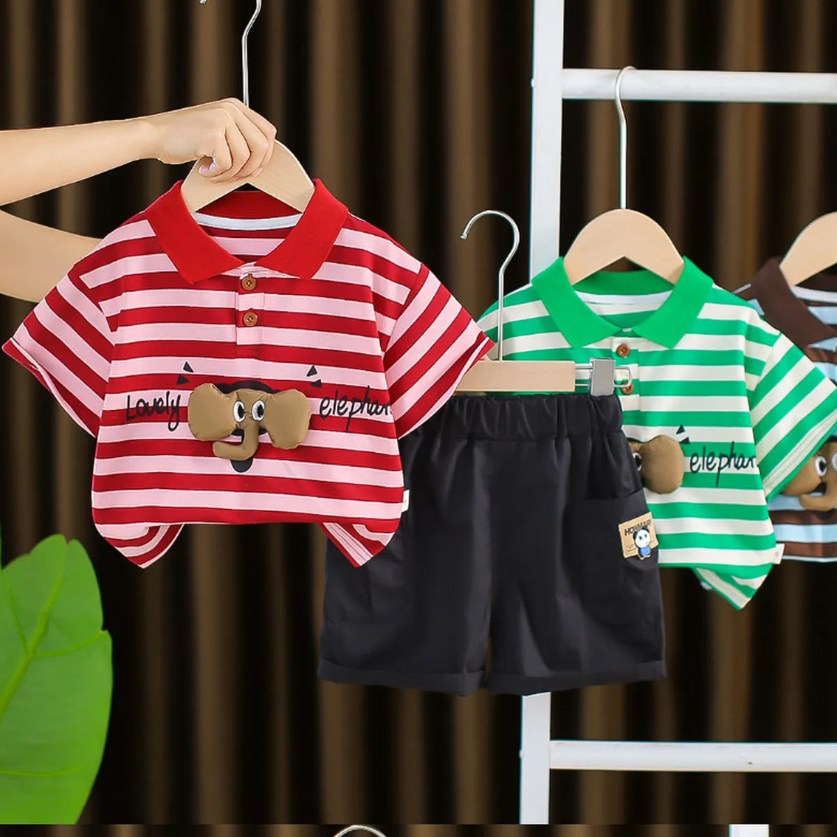 Boys' Striped Elephant Polo Set β Red Edition